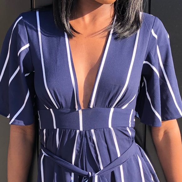 Navy blue and white stripped romper dress - Picture 2 of 2